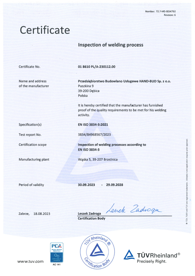 Certificate Inspection of welding process